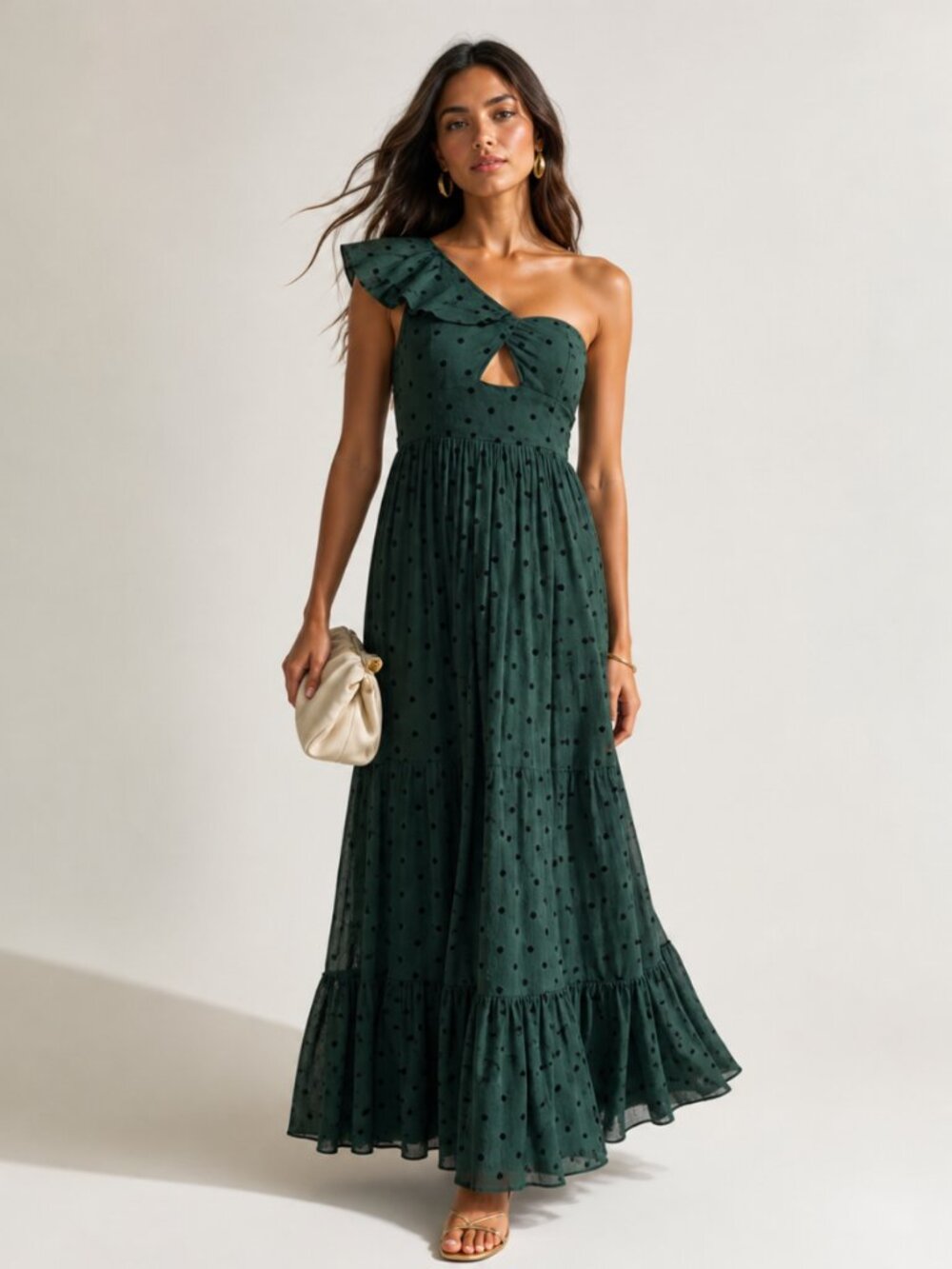 Tularosa Winnie One Shoulder Maxi Dress in Green Polka Dot